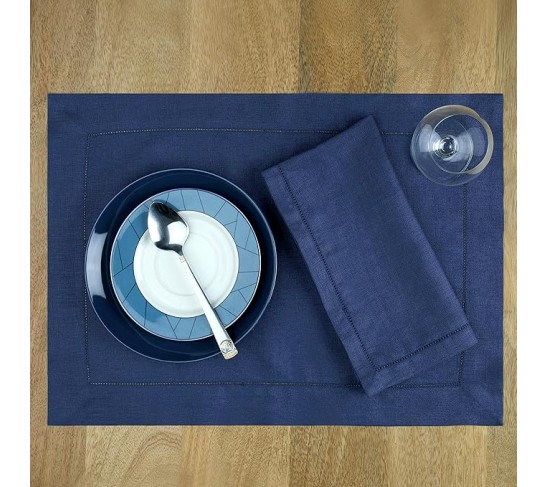 Linen Dinner Napkins 20 x 20 Inch - 100% Pure Linen Navy Blue Napkins, Total 12 Napkins - 2 Boxes with 6 Napkins in Each Box - Classic Hemstitch - Washable Navy Blue Cloth Napkins