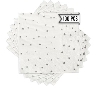 White and Silver Cocktail Napkins – Set of 100 Disposable Party Napkins, Paper Star Confetti Design, Perfect for Weddings and Events