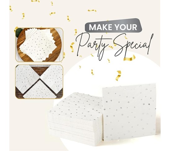 White and Silver Cocktail Napkins – Set of 100 Disposable Party Napkins, Paper Star Confetti Design, Perfect for Weddings and Events