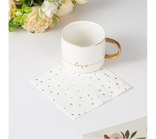 White and Silver Cocktail Napkins – Set of 100 Disposable Party Napkins, Paper Star Confetti Design, Perfect for Weddings and Events