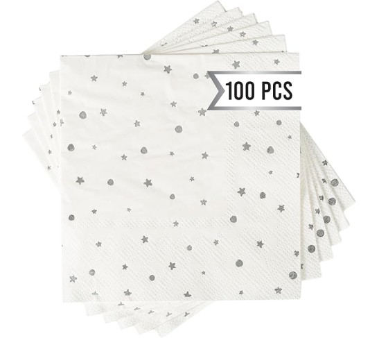 White and Silver Cocktail Napkins – Set of 100 Disposable Party Napkins, Paper Star Confetti Design, Perfect for Weddings and Events