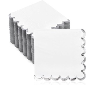 200 Pack White and Silver Paper Napkins Scalloped Cocktail Napkins White Disposable Beverage Napkins for Birthday Baby Shower Wedding Party Supplies Dinnerware Tableware Decorations