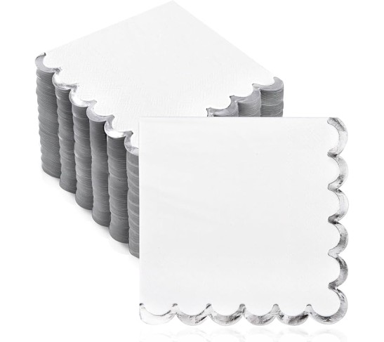 200 Pack White and Silver Paper Napkins Scalloped Cocktail Napkins White Disposable Beverage Napkins for Birthday Baby Shower Wedding Party Supplies Dinnerware Tableware Decorations