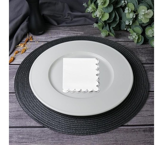 200 Pack White and Silver Paper Napkins Scalloped Cocktail Napkins White Disposable Beverage Napkins for Birthday Baby Shower Wedding Party Supplies Dinnerware Tableware Decorations