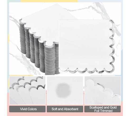 200 Pack White and Silver Paper Napkins Scalloped Cocktail Napkins White Disposable Beverage Napkins for Birthday Baby Shower Wedding Party Supplies Dinnerware Tableware Decorations