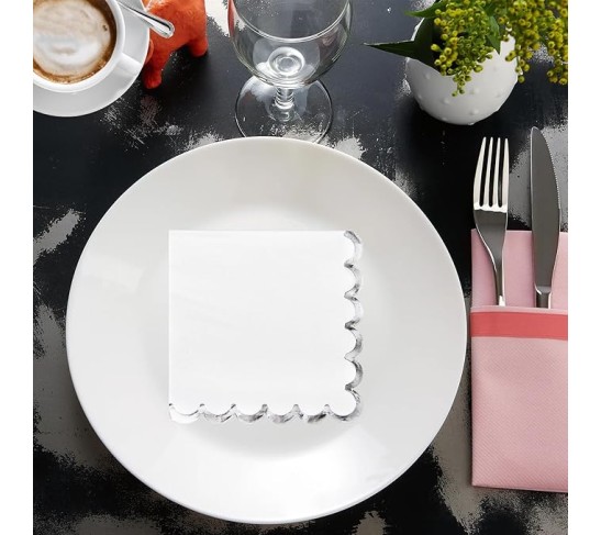 200 Pack White and Silver Paper Napkins Scalloped Cocktail Napkins White Disposable Beverage Napkins for Birthday Baby Shower Wedding Party Supplies Dinnerware Tableware Decorations