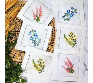 Embroidered White Cocktail Napkins 6"x6" Set of 6 Cloth Napkin Coasters, Mixed Hyacinth Bulbs Embroidered Cocktail Napkins for Christmas Cocktail Napkins Parties, Ladder Hemstitch