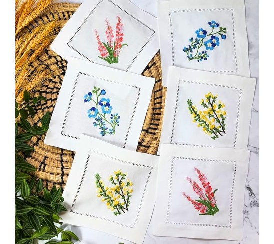Embroidered White Cocktail Napkins 6"x6" Set of 6 Cloth Napkin Coasters, Mixed Hyacinth Bulbs Embroidered Cocktail Napkins for Christmas Cocktail Napkins Parties, Ladder Hemstitch