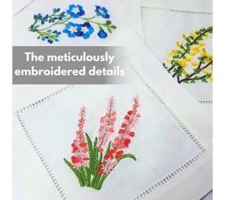 Embroidered White Cocktail Napkins 6"x6" Set of 6 Cloth Napkin Coasters, Mixed Hyacinth Bulbs Embroidered Cocktail Napkins for Christmas Cocktail Napkins Parties, Ladder Hemstitch