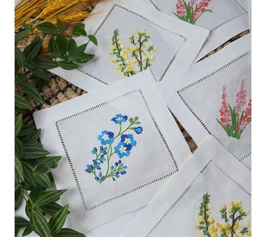 Embroidered White Cocktail Napkins 6"x6" Set of 6 Cloth Napkin Coasters, Mixed Hyacinth Bulbs Embroidered Cocktail Napkins for Christmas Cocktail Napkins Parties, Ladder Hemstitch