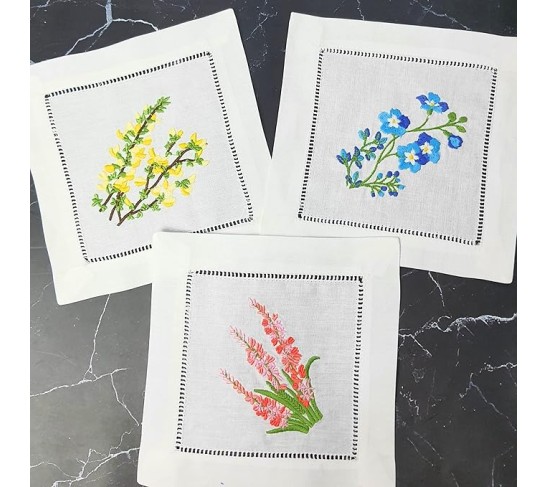 Embroidered White Cocktail Napkins 6"x6" Set of 6 Cloth Napkin Coasters, Mixed Hyacinth Bulbs Embroidered Cocktail Napkins for Christmas Cocktail Napkins Parties, Ladder Hemstitch