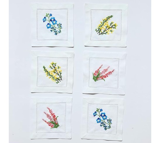 Embroidered White Cocktail Napkins 6"x6" Set of 6 Cloth Napkin Coasters, Mixed Hyacinth Bulbs Embroidered Cocktail Napkins for Christmas Cocktail Napkins Parties, Ladder Hemstitch