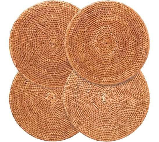 4-Pack Rattan Placemats - 13-inch Round Placemats (Honey Brown) - Woven Place Mats, Round Table Mats - Wicker Chargers for Dinner Plates, Plate Chargers Boho - Rattan Decor, Kitchen Table Decor
