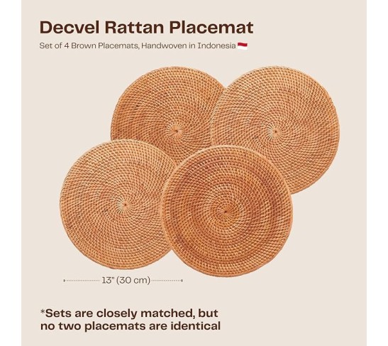 4-Pack Rattan Placemats - 13-inch Round Placemats (Honey Brown) - Woven Place Mats, Round Table Mats - Wicker Chargers for Dinner Plates, Plate Chargers Boho - Rattan Decor, Kitchen Table Decor