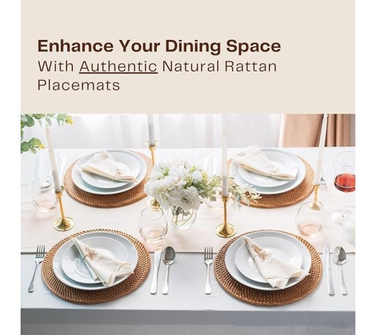 4-Pack Rattan Placemats - 13-inch Round Placemats (Honey Brown) - Woven Place Mats, Round Table Mats - Wicker Chargers for Dinner Plates, Plate Chargers Boho - Rattan Decor, Kitchen Table Decor
