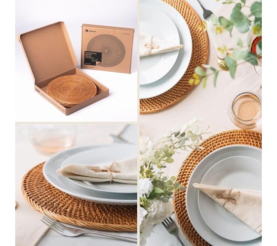 4-Pack Rattan Placemats - 13-inch Round Placemats (Honey Brown) - Woven Place Mats, Round Table Mats - Wicker Chargers for Dinner Plates, Plate Chargers Boho - Rattan Decor, Kitchen Table Decor