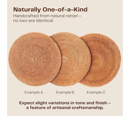 4-Pack Rattan Placemats - 13-inch Round Placemats (Honey Brown) - Woven Place Mats, Round Table Mats - Wicker Chargers for Dinner Plates, Plate Chargers Boho - Rattan Decor, Kitchen Table Decor