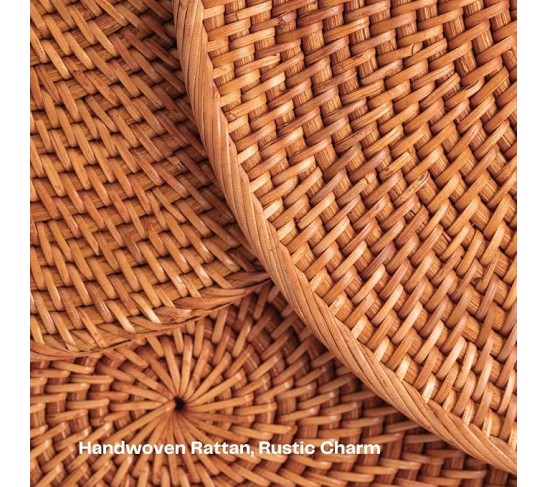 4-Pack Rattan Placemats - 13-inch Round Placemats (Honey Brown) - Woven Place Mats, Round Table Mats - Wicker Chargers for Dinner Plates, Plate Chargers Boho - Rattan Decor, Kitchen Table Decor