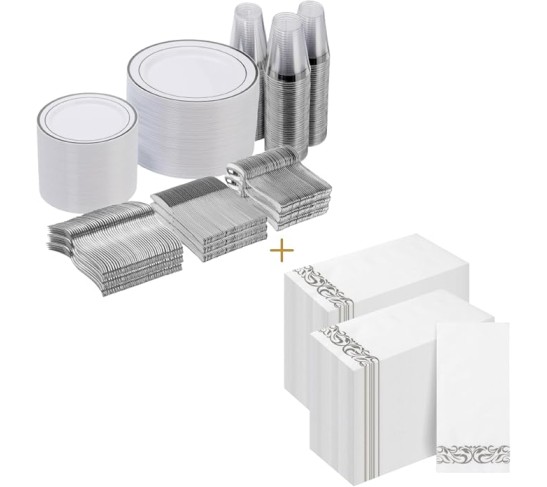 1000 Piece Silver Dinnerware Set for 100 Guests, Disposable for Party, Include: 100 Silver Rim Dinner Plates, 100 Dessert Plates, 400 Napkins, 100 Cups, 100 Silver Plastic Silverware Set