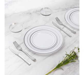 1000 Piece Silver Dinnerware Set for 100 Guests, Disposable for Party, Include: 100 Silver Rim Dinner Plates, 100 Dessert Plates, 400 Napkins, 100 Cups, 100 Silver Plastic Silverware Set