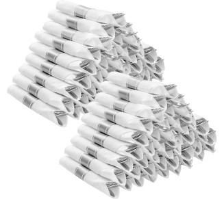 100 Pack Pre Rolled Silver Plastic Silverware Set, Disposable Wrapped Cutlery Set with 100 Napkins, 100 Knives, 100 Forks and 100 Spoons for Party, Birthday