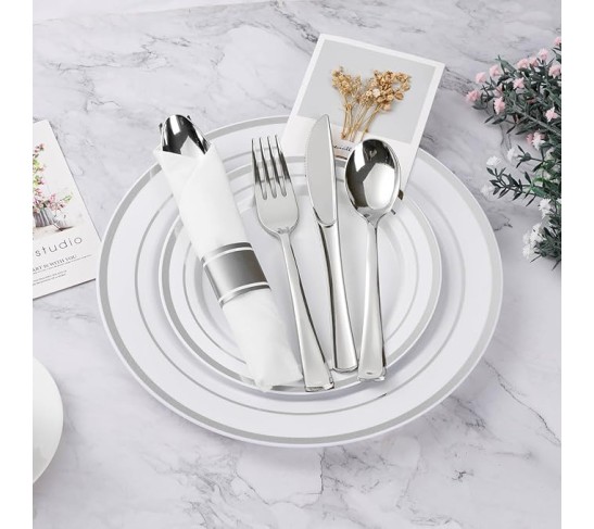100 Pack Pre Rolled Silver Plastic Silverware Set, Disposable Wrapped Cutlery Set with 100 Napkins, 100 Knives, 100 Forks and 100 Spoons for Party, Birthday