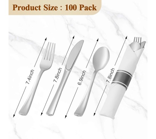 100 Pack Pre Rolled Silver Plastic Silverware Set, Disposable Wrapped Cutlery Set with 100 Napkins, 100 Knives, 100 Forks and 100 Spoons for Party, Birthday