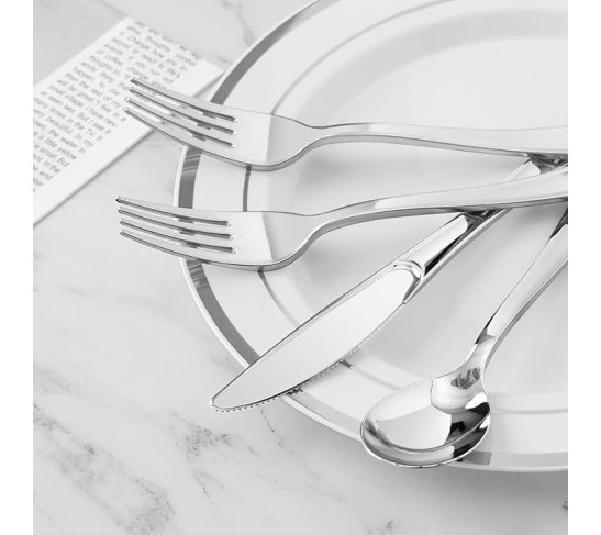100 Pack Pre Rolled Silver Plastic Silverware Set, Disposable Wrapped Cutlery Set with 100 Napkins, 100 Knives, 100 Forks and 100 Spoons for Party, Birthday