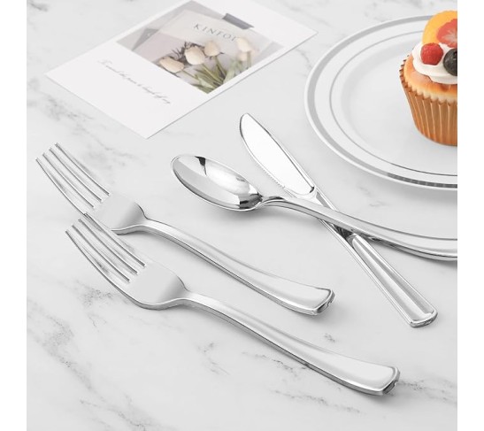 100 Pack Pre Rolled Silver Plastic Silverware Set, Disposable Wrapped Cutlery Set with 100 Napkins, 100 Knives, 100 Forks and 100 Spoons for Party, Birthday