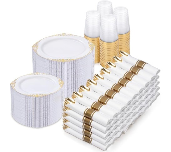 700PCS Gold Plastic Plates - Gold Plastic Dinnerware Sets for 100 Guests - 200 Disposable Plates, 300 Silverware, 100 Cups, 100 Napkins for Wedding & Party
