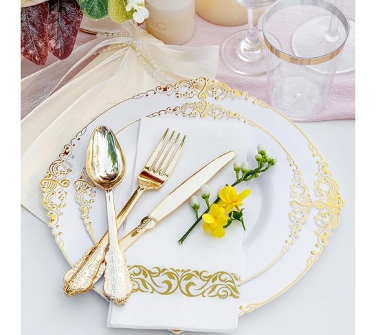 700PCS Gold Plastic Plates - Gold Plastic Dinnerware Sets for 100 Guests - 200 Disposable Plates, 300 Silverware, 100 Cups, 100 Napkins for Wedding & Party