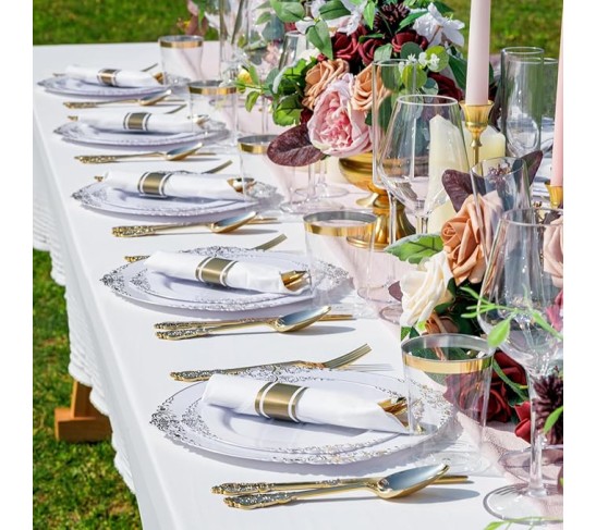 700PCS Gold Plastic Plates - Gold Plastic Dinnerware Sets for 100 Guests - 200 Disposable Plates, 300 Silverware, 100 Cups, 100 Napkins for Wedding & Party
