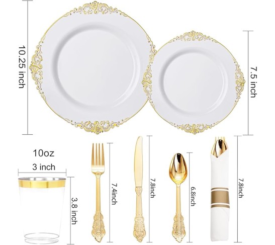 700PCS Gold Plastic Plates - Gold Plastic Dinnerware Sets for 100 Guests - 200 Disposable Plates, 300 Silverware, 100 Cups, 100 Napkins for Wedding & Party