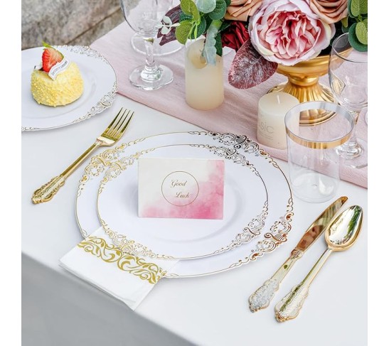 700PCS Gold Plastic Plates - Gold Plastic Dinnerware Sets for 100 Guests - 200 Disposable Plates, 300 Silverware, 100 Cups, 100 Napkins for Wedding & Party