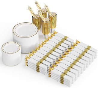 800 Pieces Gold Disposable Dinnerware Set 100 Guests,Elegant Plastic Plates for Party Wedding,100 Pre Rolled Napkins with Silverware,100 Dinner Plates,100 Dessert Plates,100 Cups,100 Straws