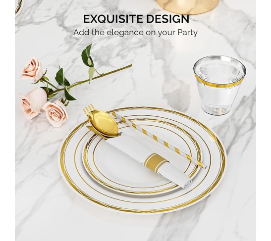 800 Pieces Gold Disposable Dinnerware Set 100 Guests,Elegant Plastic Plates for Party Wedding,100 Pre Rolled Napkins with Silverware,100 Dinner Plates,100 Dessert Plates,100 Cups,100 Straws