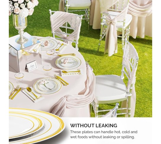 800 Pieces Gold Disposable Dinnerware Set 100 Guests,Elegant Plastic Plates for Party Wedding,100 Pre Rolled Napkins with Silverware,100 Dinner Plates,100 Dessert Plates,100 Cups,100 Straws