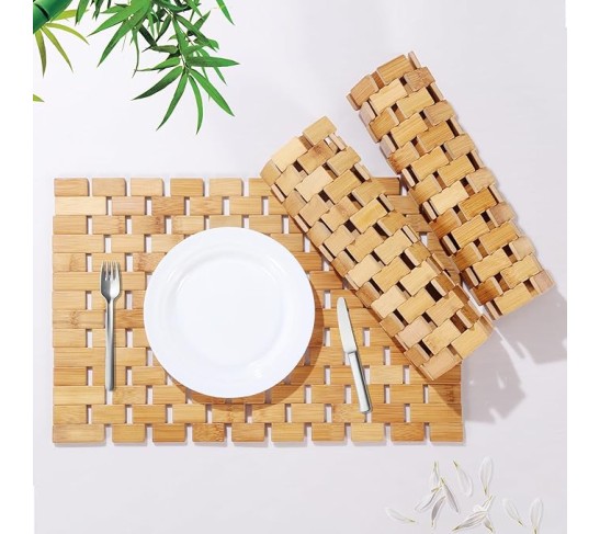 Bamboo Placemats,Thick Farmhouse Rolling Place Mat for Table Protection,Anti-Slip and Heat-Resistant Table Mat for Kitchen, Dinning Room (6 Pcs)