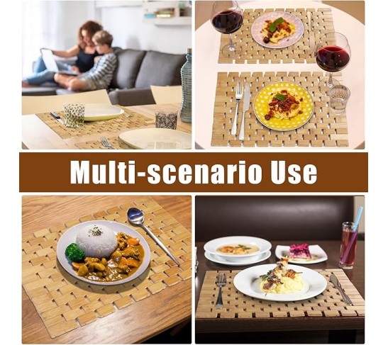 Bamboo Placemats,Thick Farmhouse Rolling Place Mat for Table Protection,Anti-Slip and Heat-Resistant Table Mat for Kitchen, Dinning Room (6 Pcs)