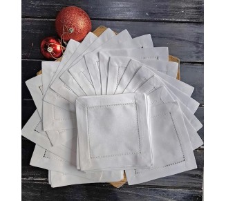 White Cocktail Napkins 6"X6" Set of 50 White Linen Blend Cloth Napkin Coasters, Ladder Hemstitch Linen Beverage Party Napkin Coaster Super Value Bulk 50 Pack, Fabric Cocktail Napkin