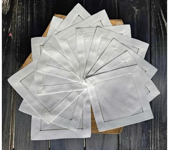 White Cocktail Napkins 6"X6" Set of 50 White Linen Blend Cloth Napkin Coasters, Ladder Hemstitch Linen Beverage Party Napkin Coaster Super Value Bulk 50 Pack, Fabric Cocktail Napkin