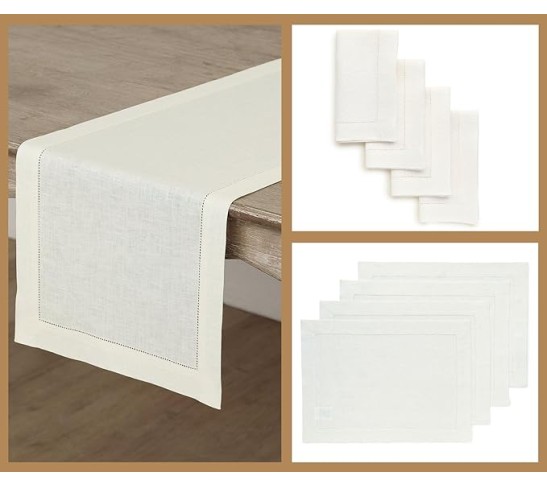Linen Dinner Napkins, Placemats, Table Runner Combo - Ivory, 100% Pure Linen Cloth Fabric Napkins 20 x 20 in, Placemats 14 x 19 in, Table Runner 18 x 120 in - Classic Hemstitch