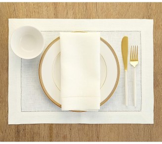 Linen Dinner Napkins, Placemats, Table Runner Combo - Ivory, 100% Pure Linen Cloth Fabric Napkins 20 x 20 in, Placemats 14 x 19 in, Table Runner 18 x 120 in - Classic Hemstitch
