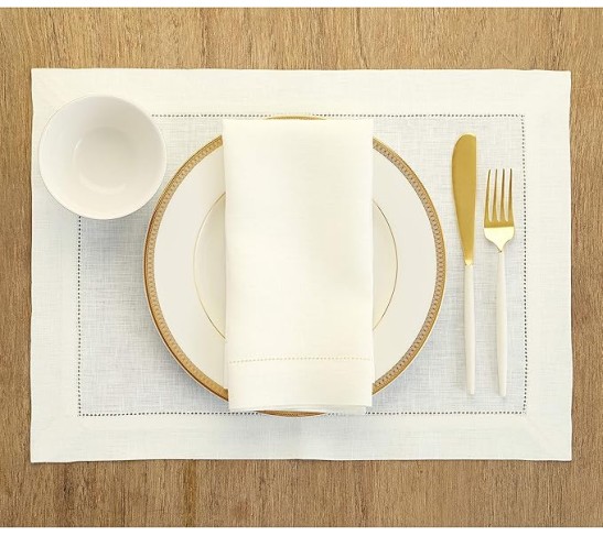 Linen Dinner Napkins, Placemats, Table Runner Combo - Ivory, 100% Pure Linen Cloth Fabric Napkins 20 x 20 in, Placemats 14 x 19 in, Table Runner 18 x 120 in - Classic Hemstitch
