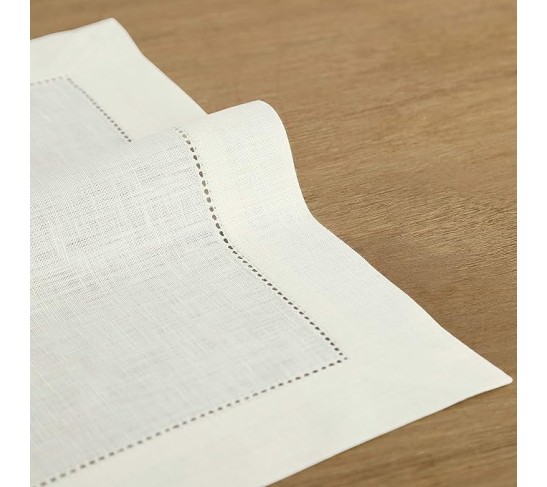 Linen Dinner Napkins, Placemats, Table Runner Combo - Ivory, 100% Pure Linen Cloth Fabric Napkins 20 x 20 in, Placemats 14 x 19 in, Table Runner 18 x 120 in - Classic Hemstitch