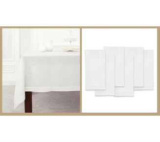100% Pure Linen Dinner Napkins and Tablecloth Combo - White, Linen Cloth Fabric Napkins 20 x 20 Inch, Set of 6 and Tablecloth 60 x 90 Inch - Classic Hemstitch
