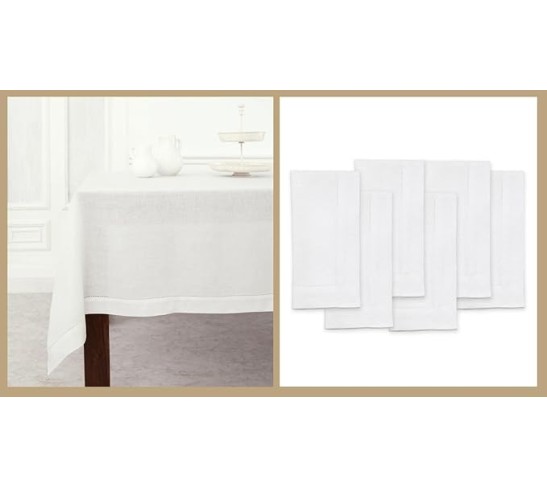 100% Pure Linen Dinner Napkins and Tablecloth Combo - White, Linen Cloth Fabric Napkins 20 x 20 Inch, Set of 6 and Tablecloth 60 x 90 Inch - Classic Hemstitch