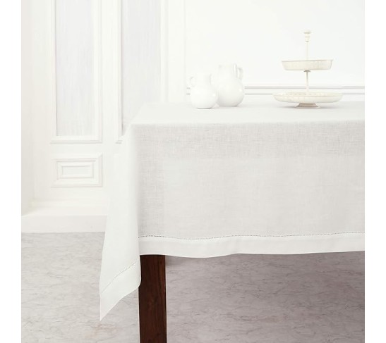 100% Pure Linen Dinner Napkins and Tablecloth Combo - White, Linen Cloth Fabric Napkins 20 x 20 Inch, Set of 6 and Tablecloth 60 x 90 Inch - Classic Hemstitch