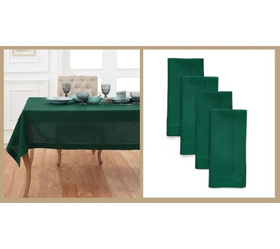 100% Pure Linen Dinner Napkins and Tablecloth Combo - Rainforest, Linen Cloth Fabric Napkins 20 x 20 Inch, Set of 4 and Tablecloth 60 x 90 Inch - Classic Hemstitch