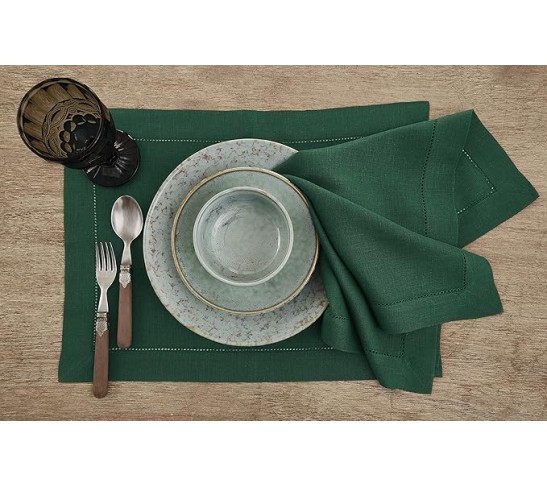 100% Pure Linen Dinner Napkins and Tablecloth Combo - Rainforest, Linen Cloth Fabric Napkins 20 x 20 Inch, Set of 4 and Tablecloth 60 x 90 Inch - Classic Hemstitch